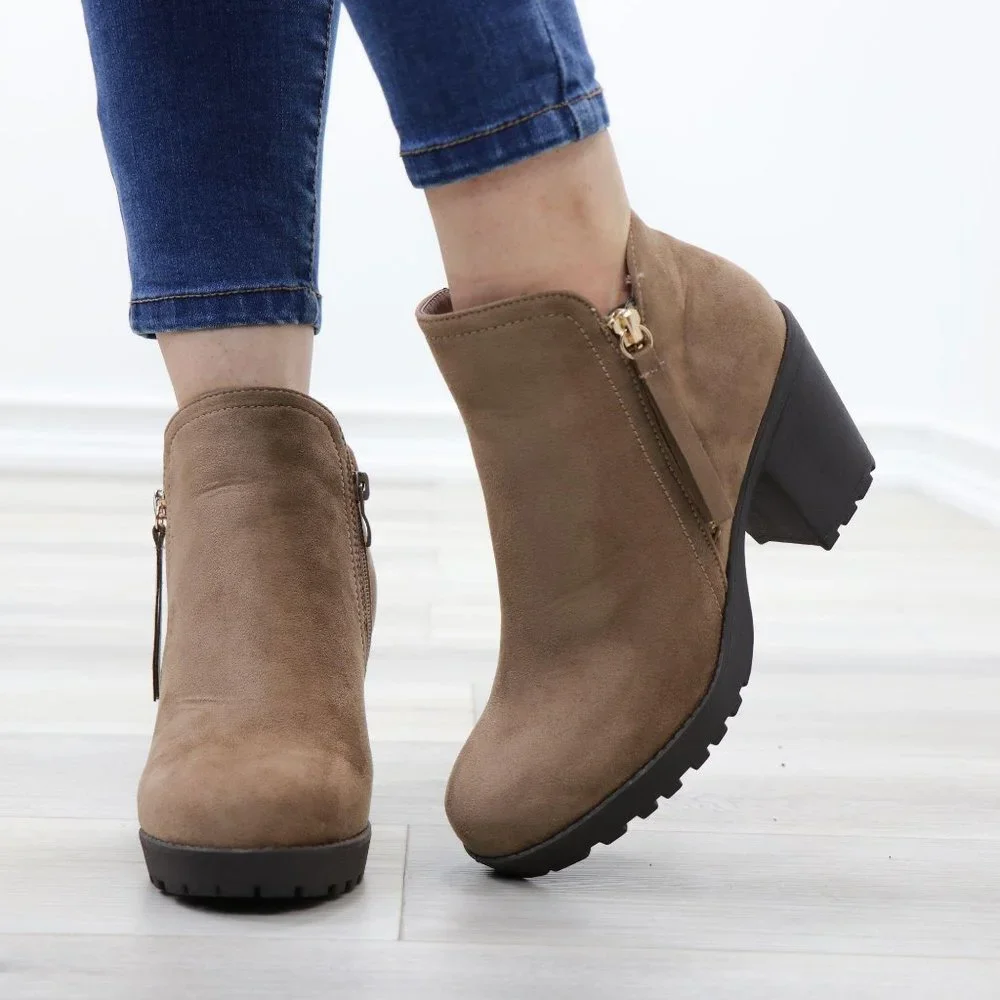 Taupe Suede Lug Chunky Heel Ankle Boots - Picture 6 of 12